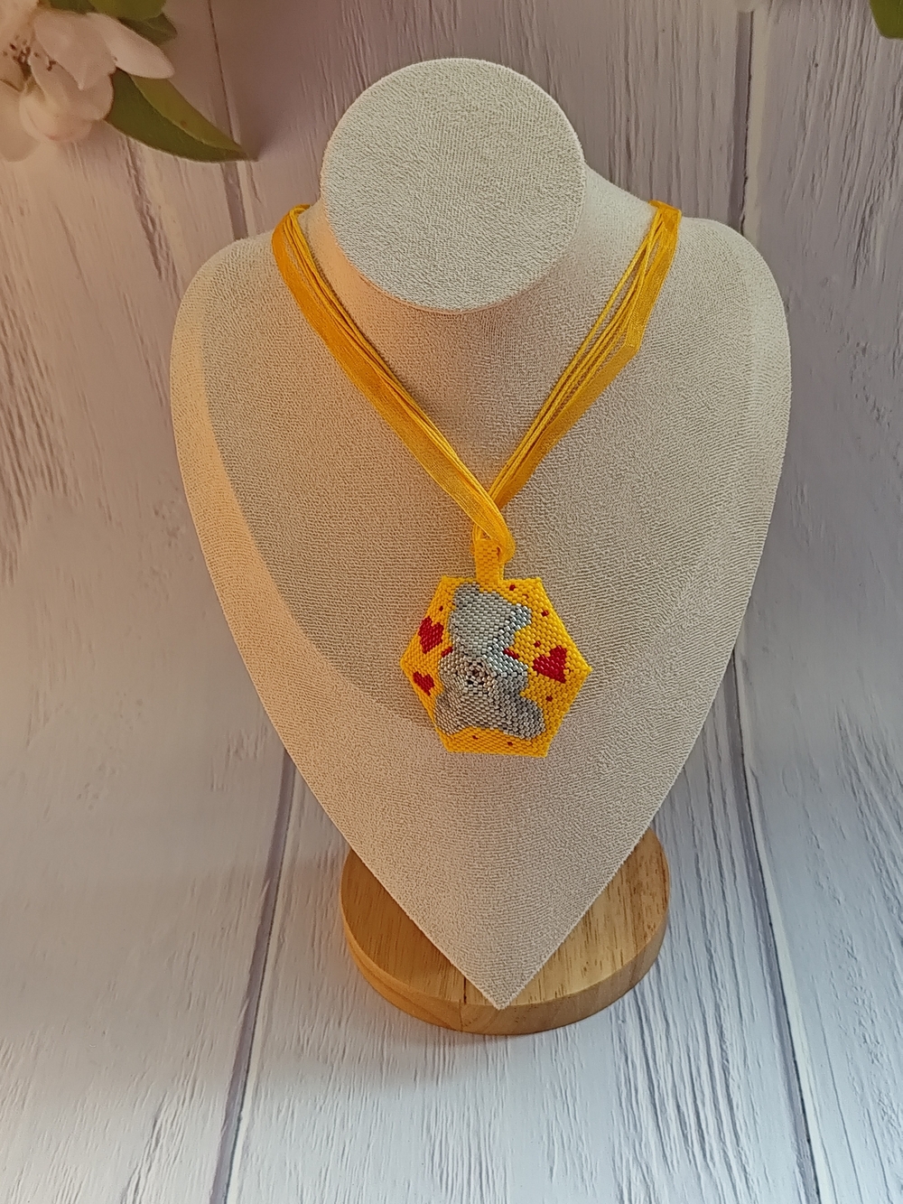 Handmade Beaded  Bear Pendant in Yellow & Red - Picture 8 of 13